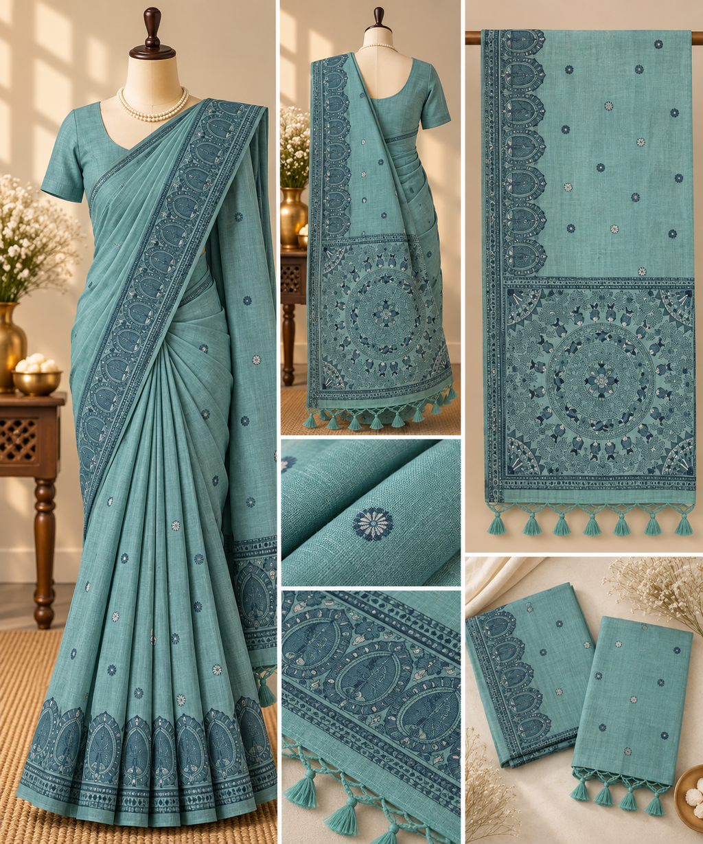 Khadi Cotton Saree - Steel Blue