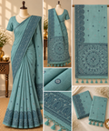 Khadi Cotton Saree - Steel Blue