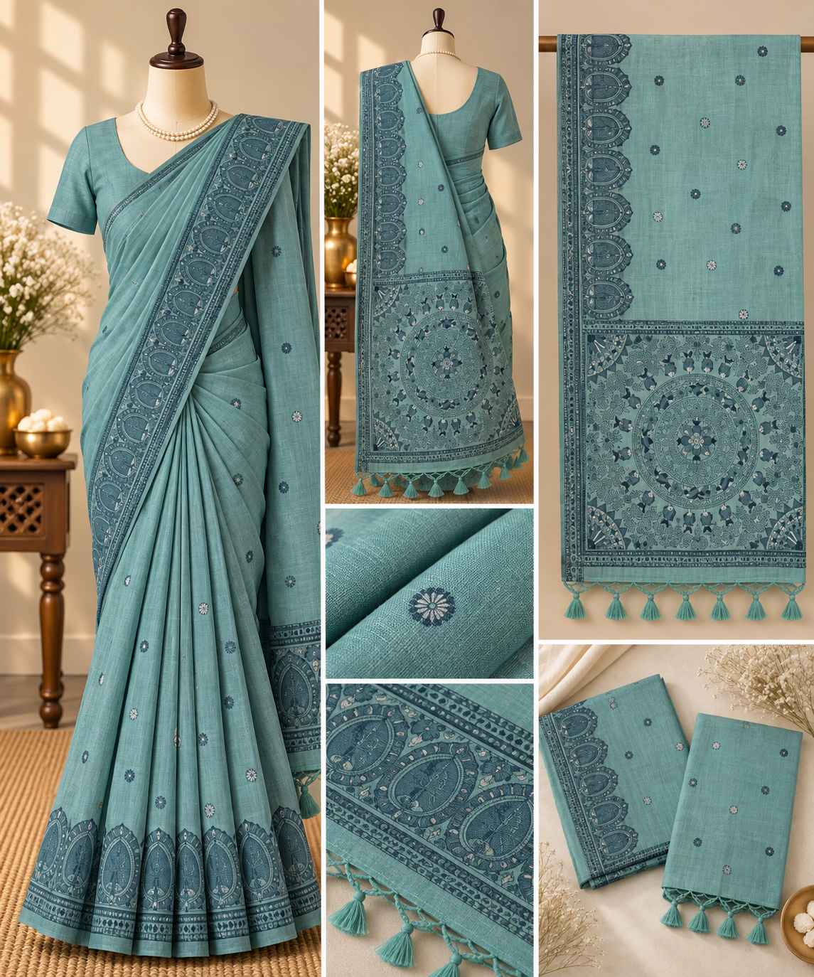Khadi Cotton Saree - Steel Blue