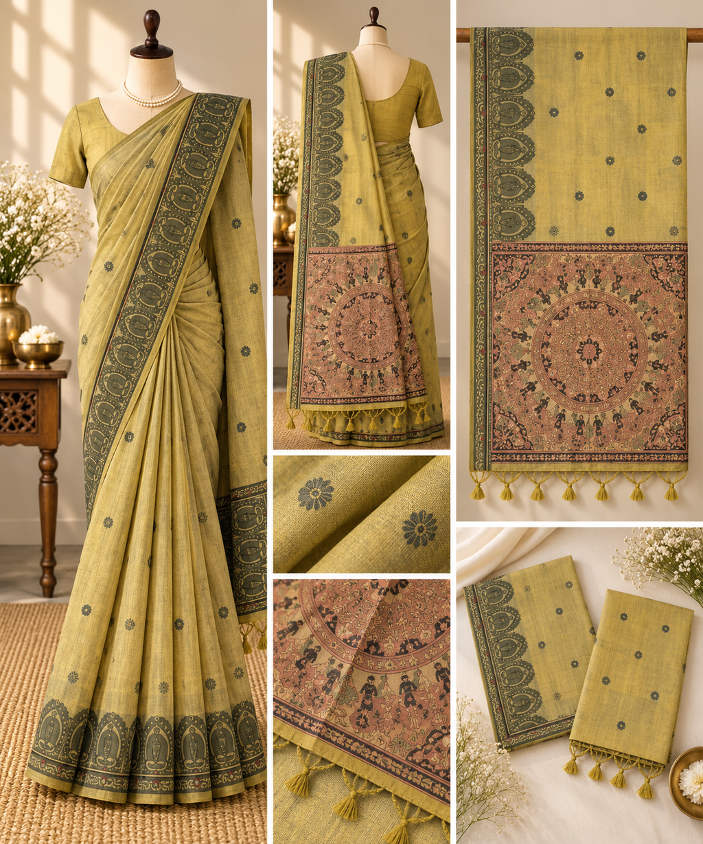 Khadi Cotton Saree - Olive Multi