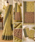 Khadi Cotton Saree - Olive Multi