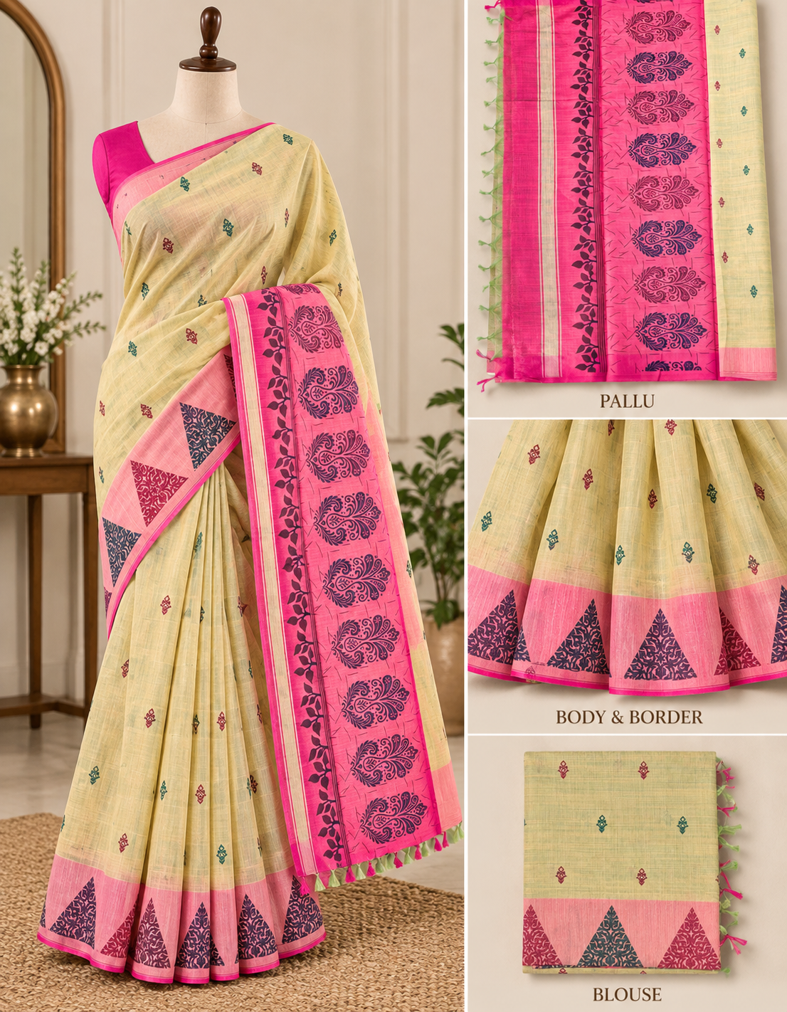 Pistachio Green Banana Fibre Silk Saree with Pink Border