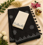Black Linen Cotton Saree with White Kolam Motifs | Elegant Traditional Weave 🖤🤍