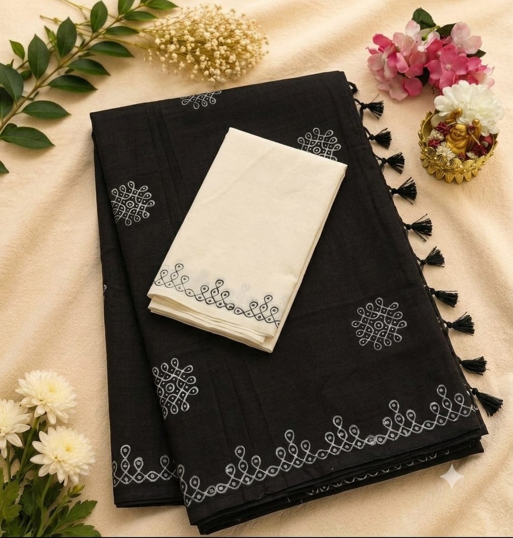 Black Linen Cotton Saree with White Kolam Motifs | Elegant Traditional Weave 🖤🤍
