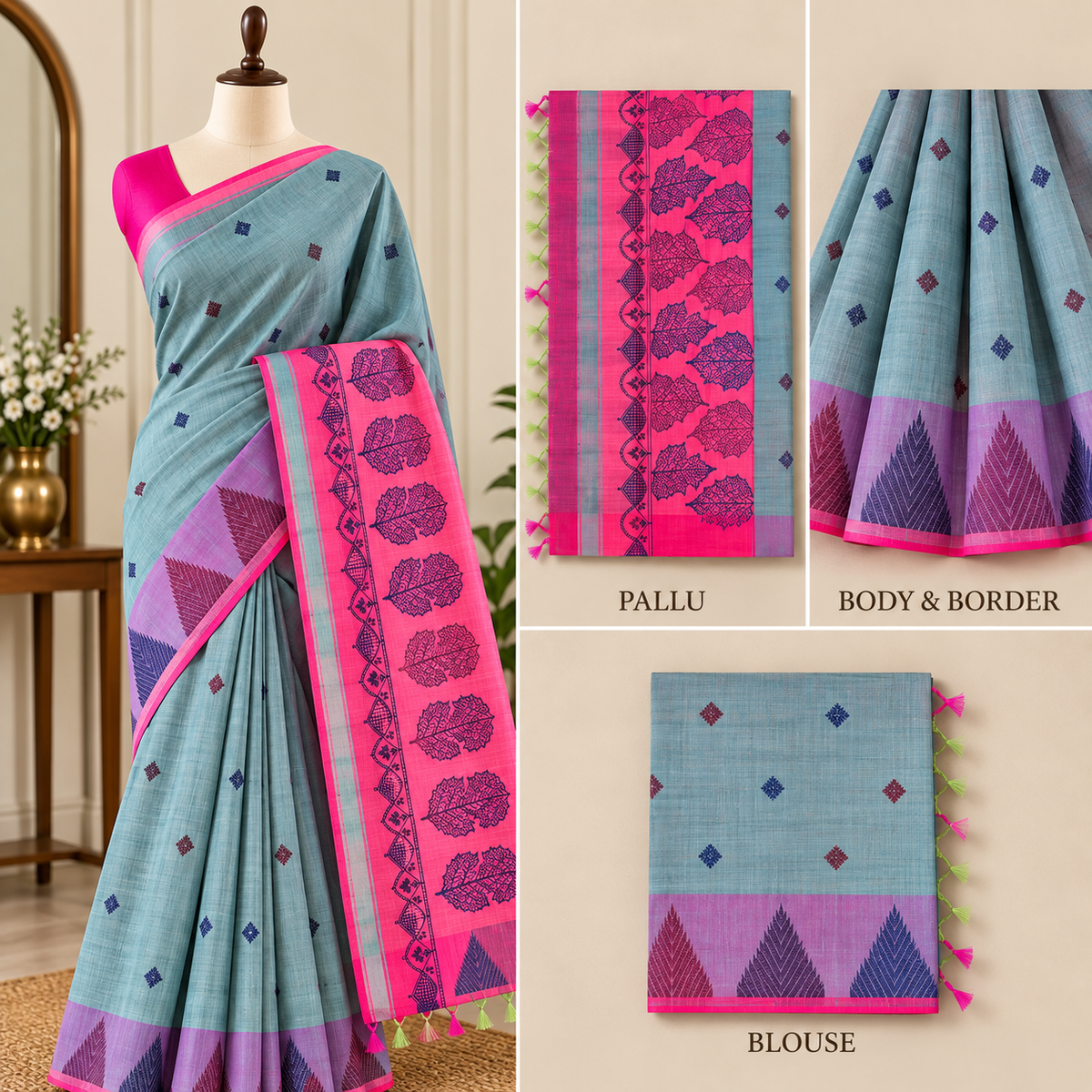 Light Blue Green Banana Fibre Silk Saree with Pink Border