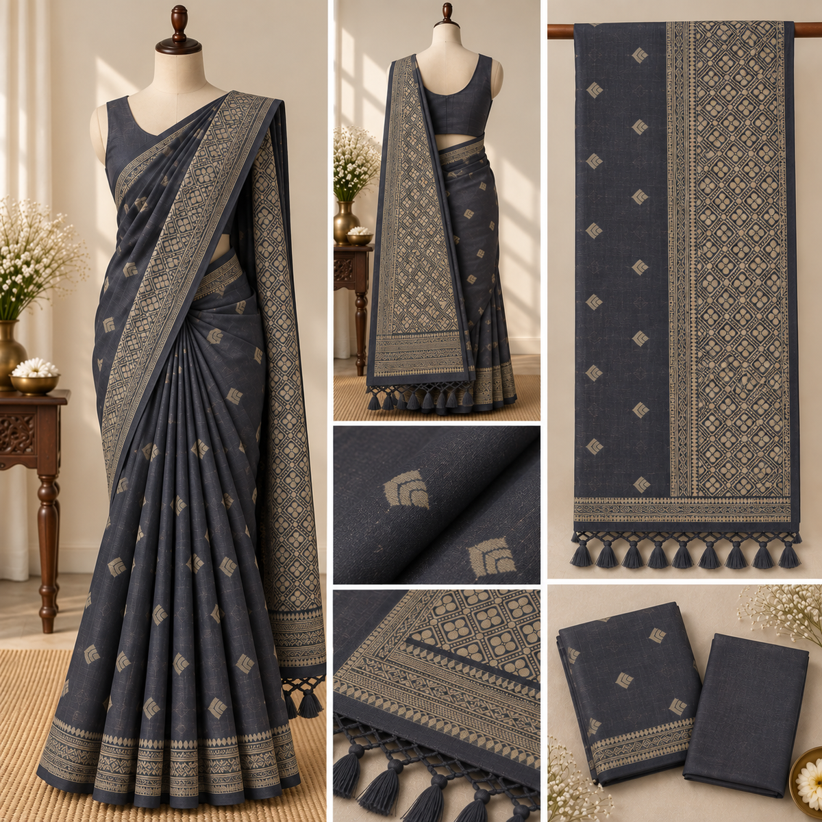 Mulberry with Cotton Saree - Dark Navy