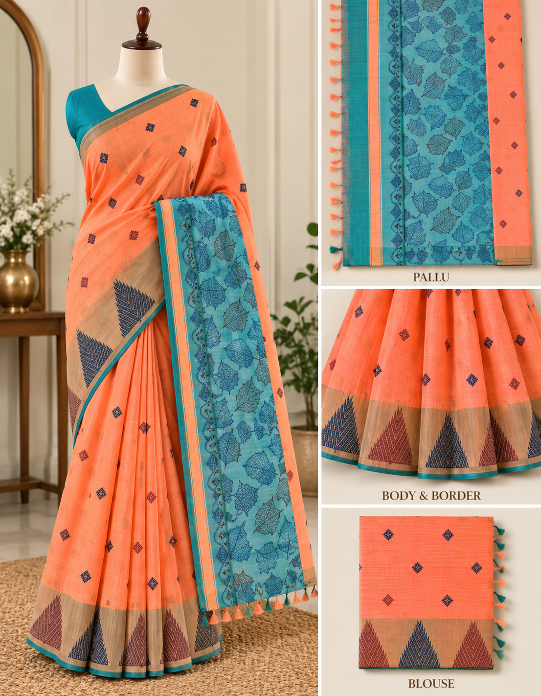 Banana Fibre with Silk- Mild Orange & Blue border