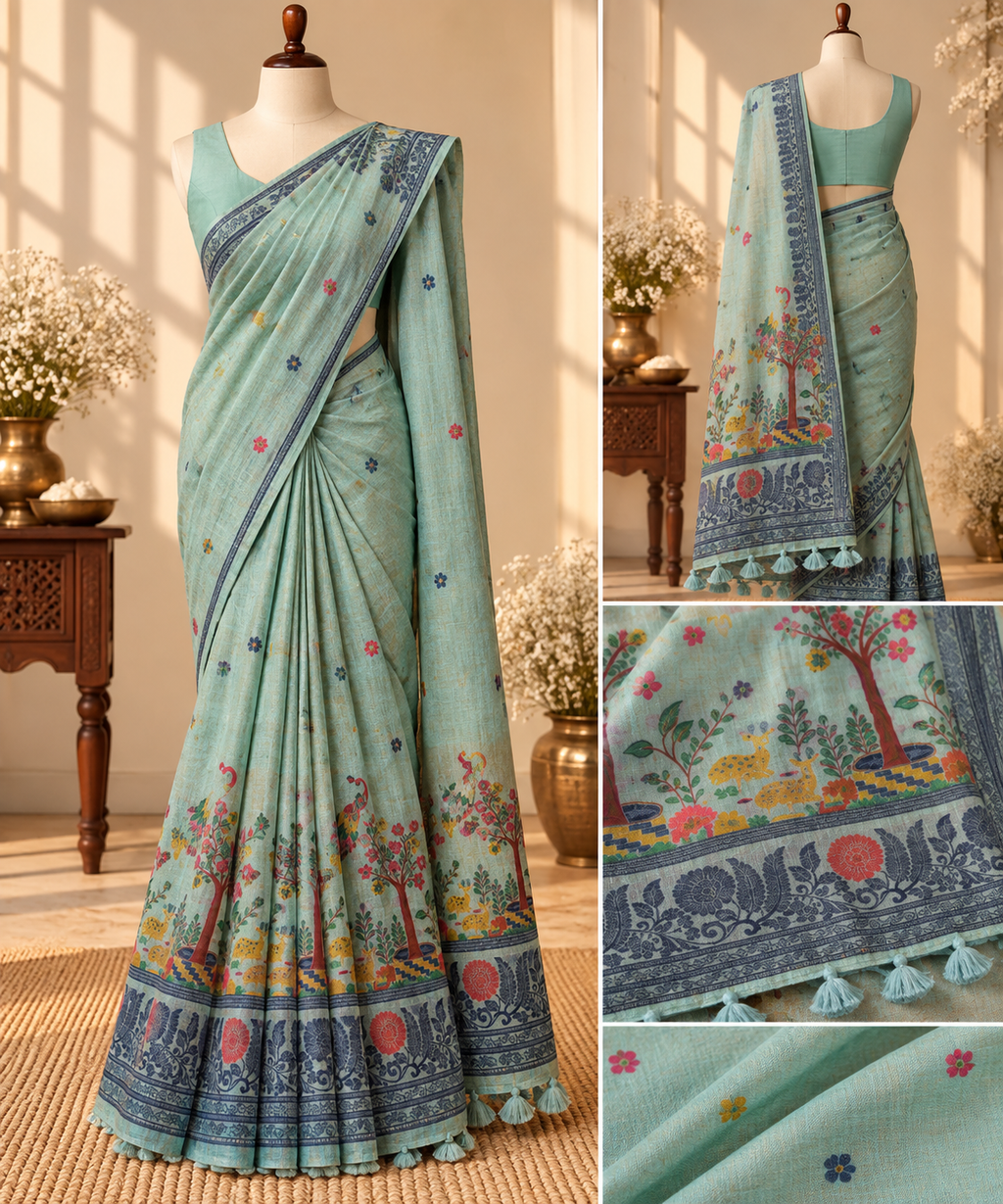 Pure Linen Saree - Teal Green