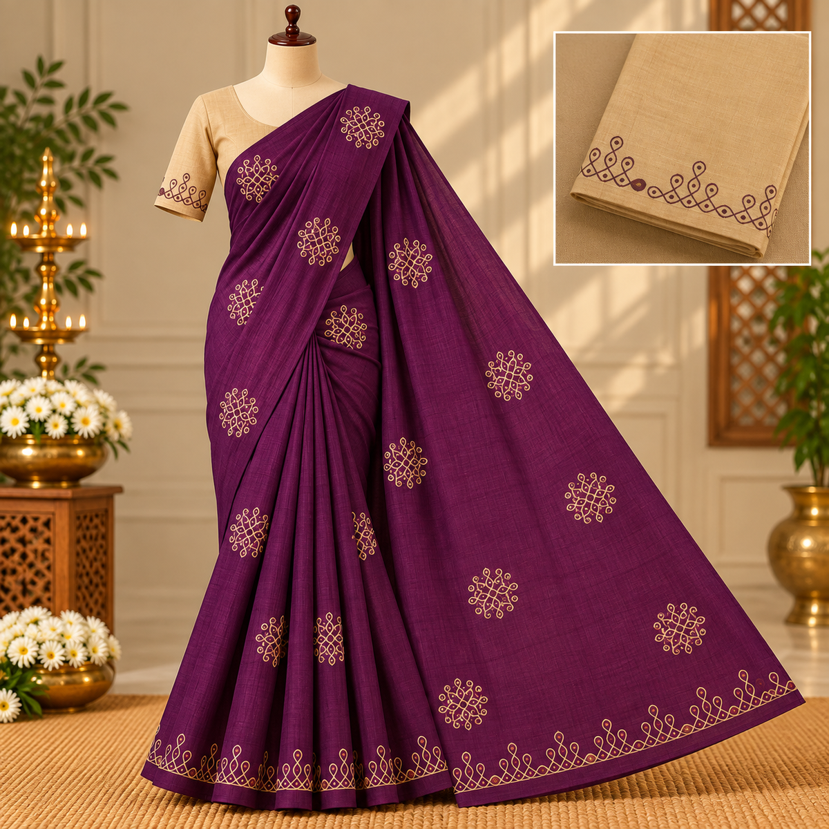 Purple Poly Cotton Saree with Elegant Kolam Motifs & Border