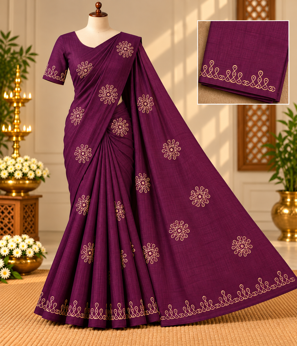 Purple Poly Cotton Saree with Elegant Kolam Motifs & Border