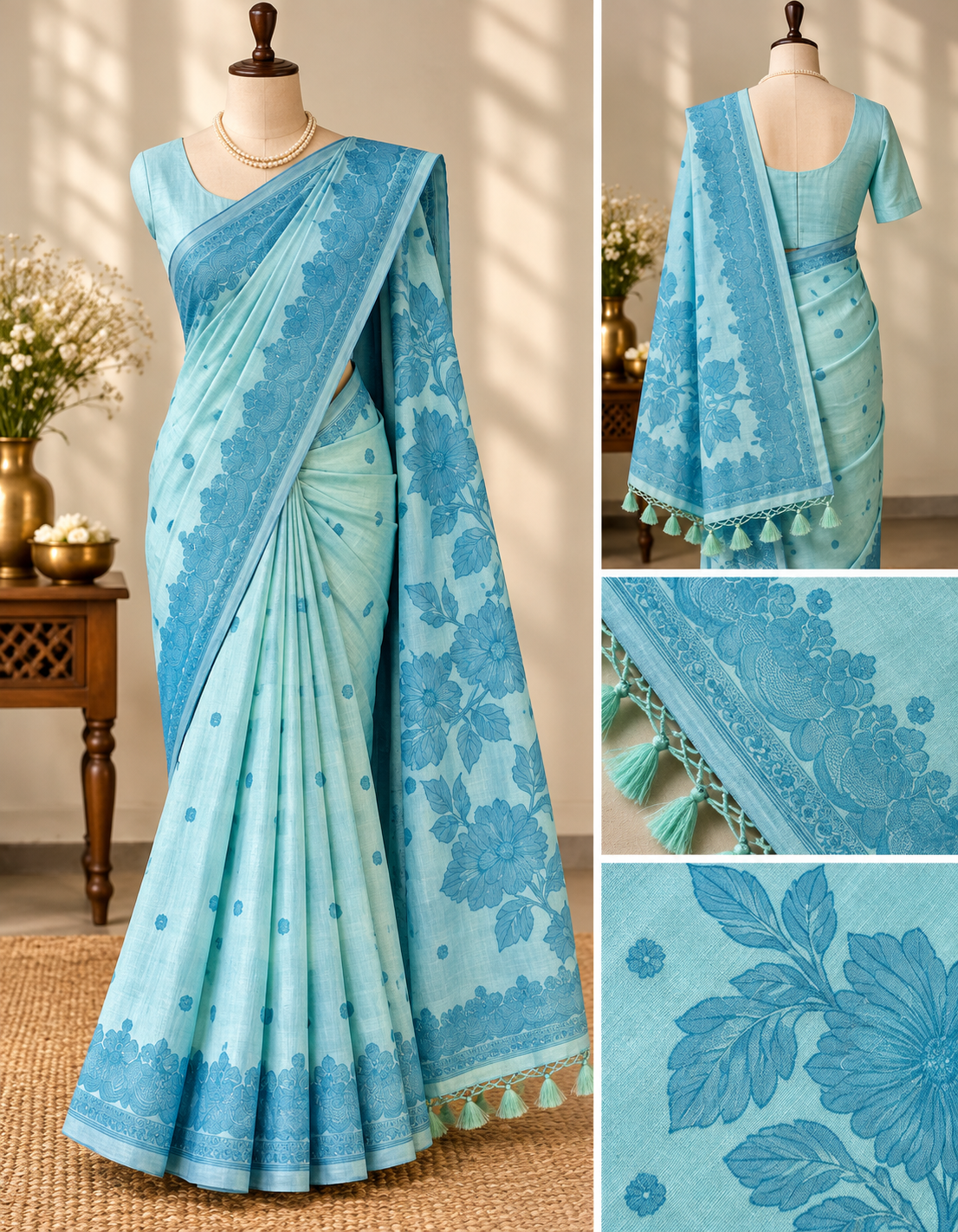 Seiko Silk Saree - Sky Blue Floral