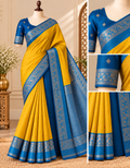 Soft Silk Saree - Yellow Gold with blue border
